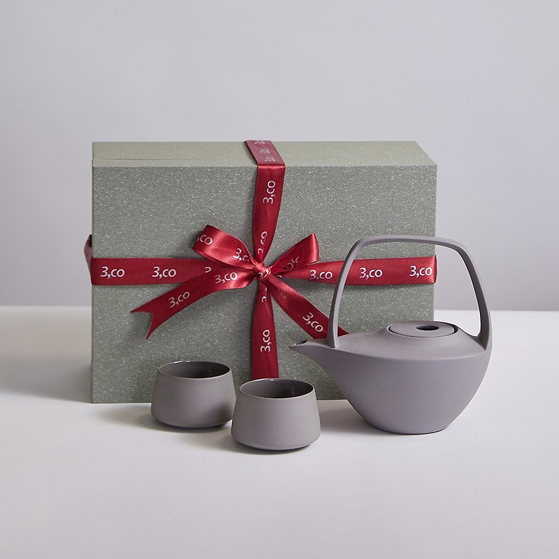 【3,co】Shuibo Beam Pot Gift Box Set (4 Pieces) - Gray - Teapots & Teacups - Porcelain Gray