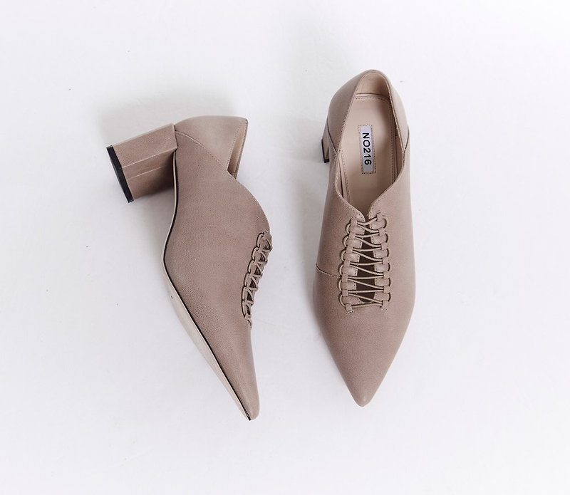 Cross string hexagonal leather heel shoes apricot - High Heels - Genuine Leather Khaki