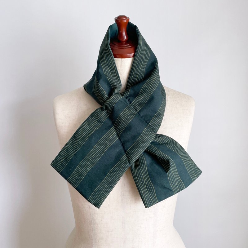 Unique item | KIMONO Neck Warmer -Silk KIMONO, deep-green with wavy stripes - 圍巾/披肩 - 絲．絹 綠色