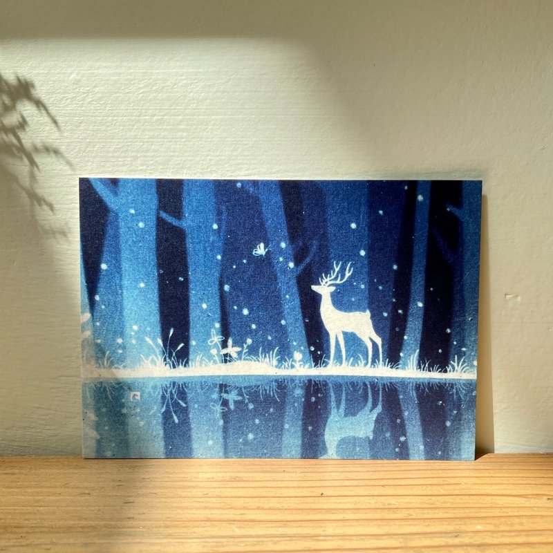 【Glowing Lake Shore】Cyanotype Art Postcard- Power Animal / White Deer / Forest - การ์ด/โปสการ์ด - กระดาษ สีน้ำเงิน