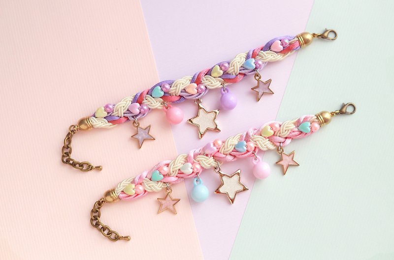 Purple Pink braided bracelet with white glittering star - Bracelets - Polyester Multicolor