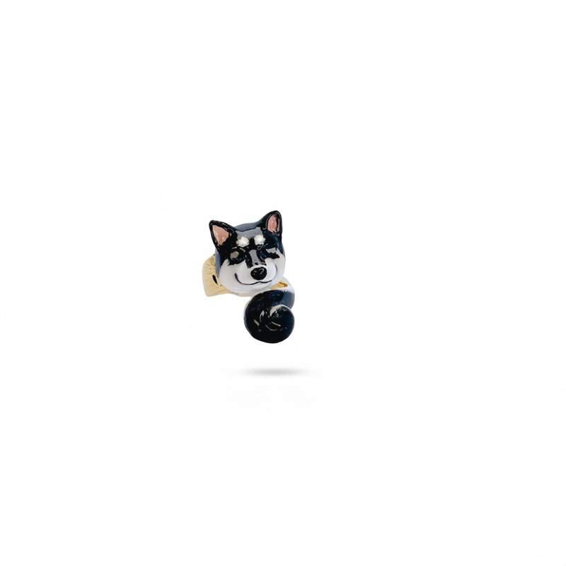 Super cute three-dimensional smiling black and white Shiba Inu painted enamel ring (size can be fine-tuned) - General Rings - Enamel 