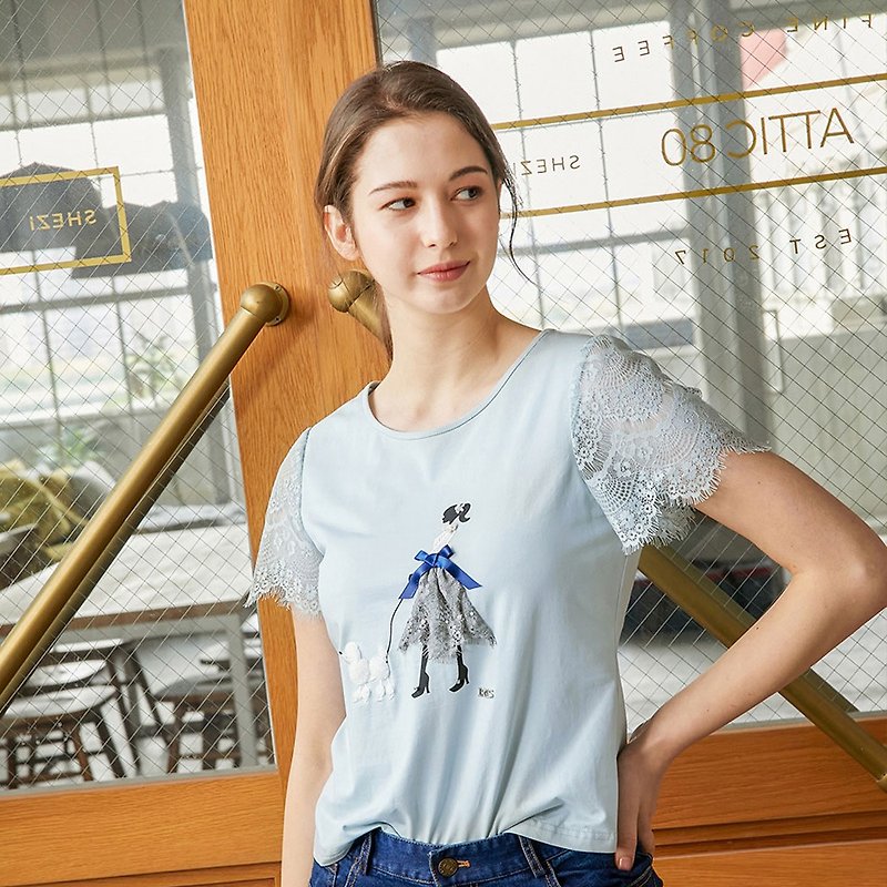 Iris Girls Poodle and Lady 3D Print Cotton Top - Blue 12919 - Women's T-Shirts - Cotton & Hemp Blue
