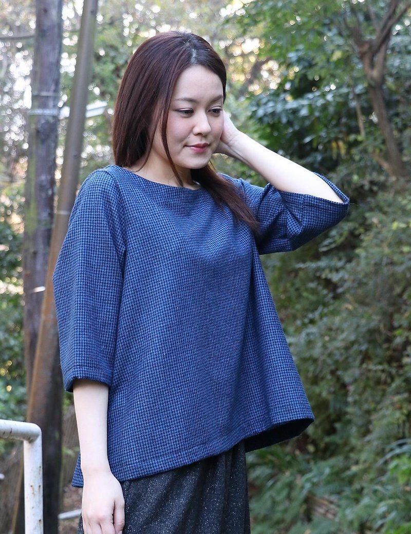 Chidori Check Wool Blouse Short Length - เสื้อผู้หญิง - ผ้าฝ้าย/ผ้าลินิน สีน้ำเงิน