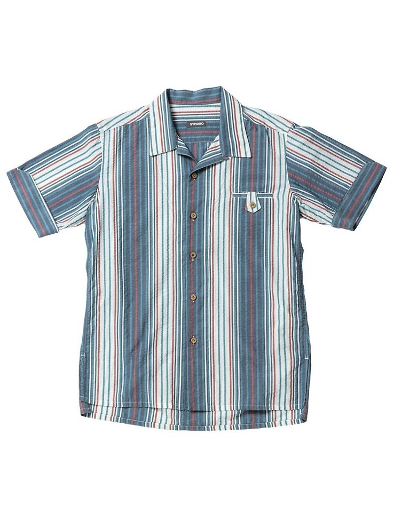 "SHAKA" ALOHA SHIRT - SEERSUCKER STRIPE - Men's Shirts - Cotton & Hemp Blue