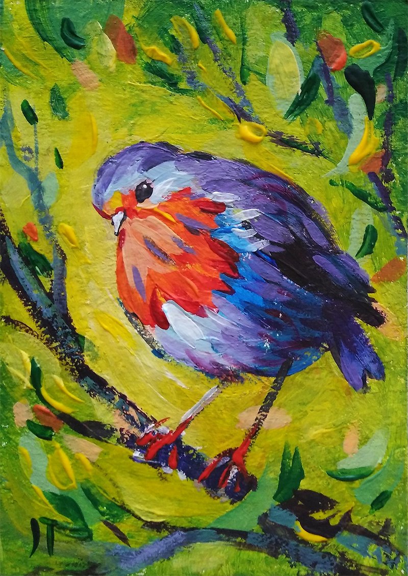 枝の上のオリジナルの小さなアート鳥 赤い果実のミニチュア絵画