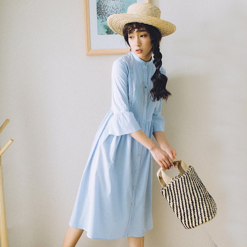 安妮陳2017夏季新款女裝荷葉袖條紋連身裙洋裝 - 洋裝/連身裙 - 棉．麻 藍色