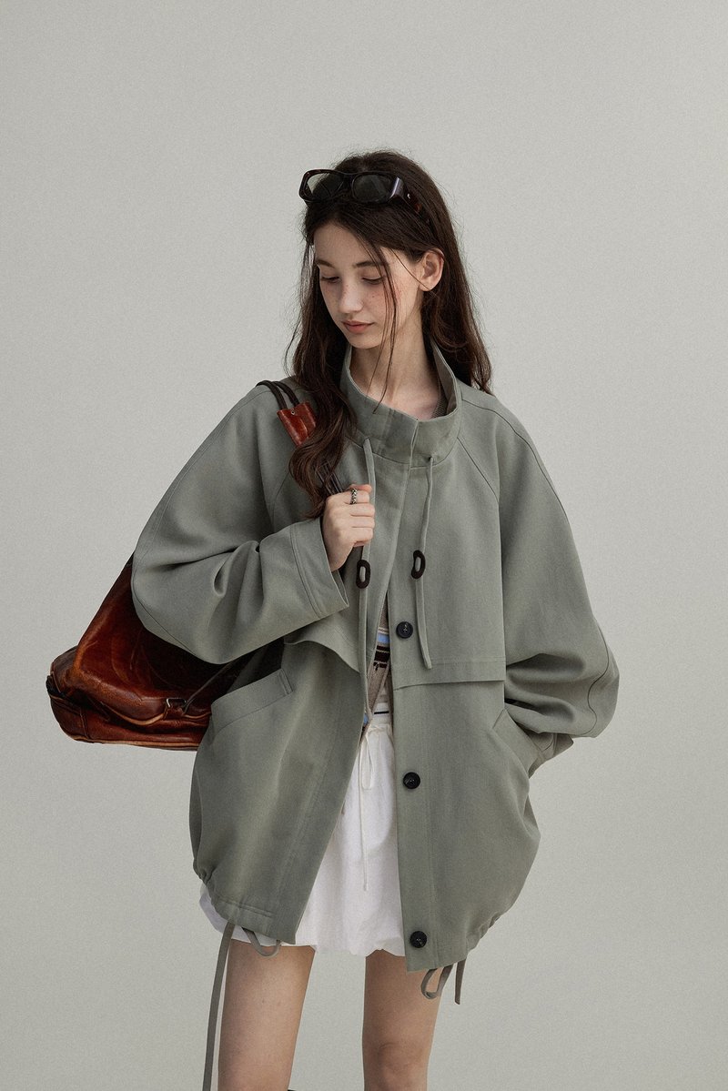 挪威曠野 復古斜紋肌理 短風衣外套 - 女大衣/外套 - 其他材質 綠色