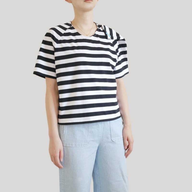 Black and white striped shoulder pleated beads T-Shirt - Women's T-Shirts - Cotton & Hemp Multicolor