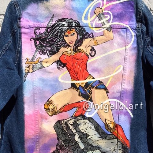 Nigelolart Painted Denim Jacket Handmade wonder woman jacket Superwoman DC Comics