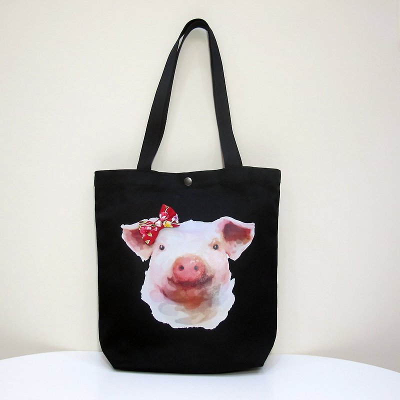 Handmade stereo stitching canvas shoulder bag tote bag - Flower Yang Pig - กระเป๋าแมสเซนเจอร์ - ผ้าฝ้าย/ผ้าลินิน สีดำ