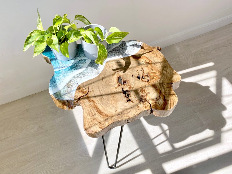 Side Table, Raw Wood, Live Edge , Home Deco, Housewarming Gift, Ocean & Beach - Other Furniture - Wood Blue