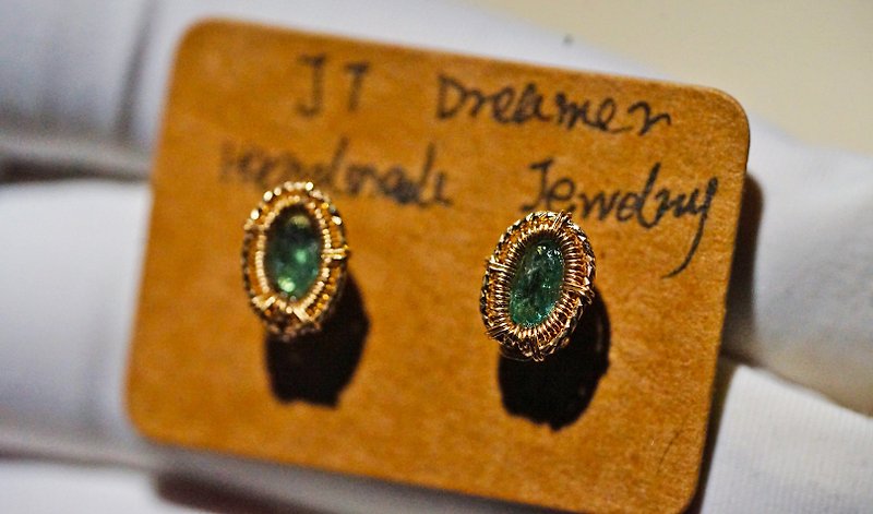 純粋に手輸入された 14Kゴールド- ワイヤー巻きグリーン宝石イヤリング - ピアス・イヤリング - 宝石 多色