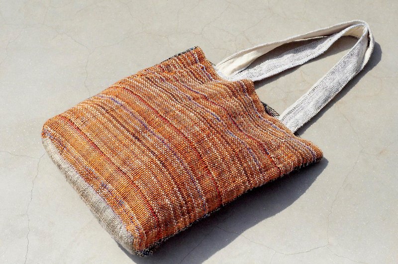 A limited edition hand-woven natural cotton striped lightweight bag / backpack / shoulder bag / shoulder bag / bag - orange + black color stitching - กระเป๋าแมสเซนเจอร์ - ผ้าฝ้าย/ผ้าลินิน หลากหลายสี