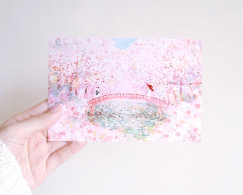 Japanese bunny cherry blossom illustration card postcard - การ์ด/โปสการ์ด - กระดาษ สึชมพู