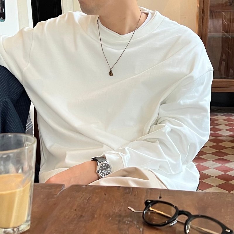 T-SHIRT 雙層V領秋冬季基本款長袖TEE恤 超舒適面料寬鬆質感設計 - 男 T 恤 - 棉．麻 白色