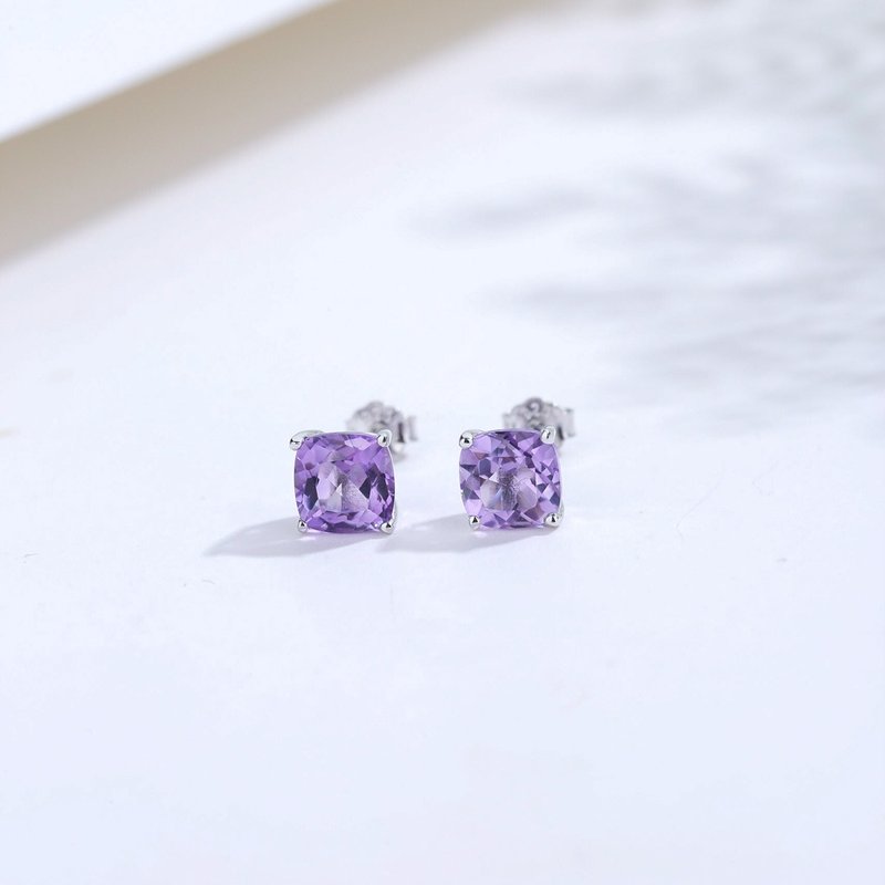 紫水晶925純銀耳釘 | 天然石水晶925純銀鍍白金耳環禮物 - 耳環/耳夾/耳骨夾 - 寶石 紫色