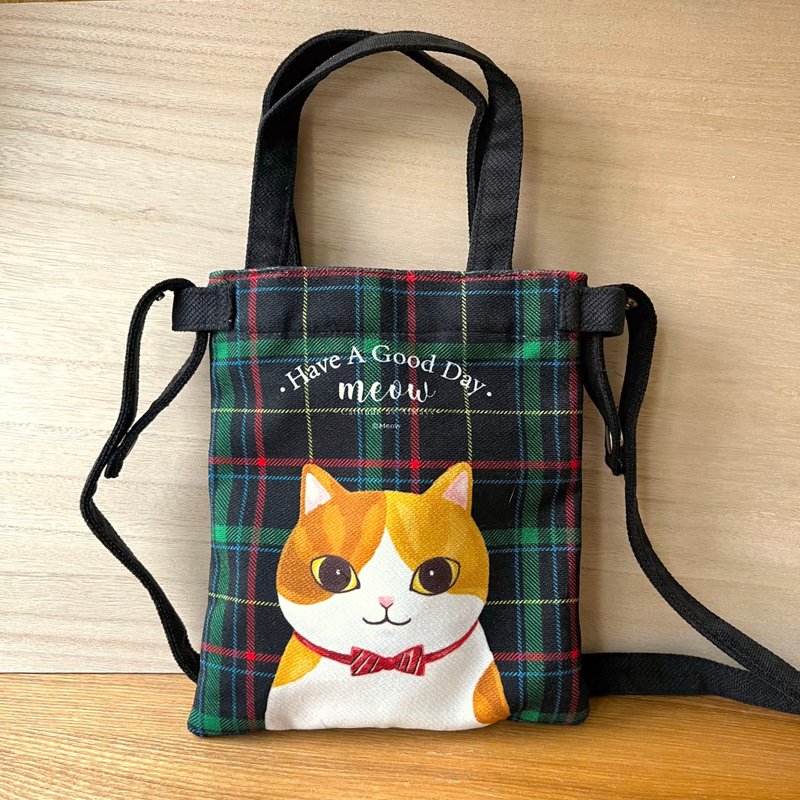 Meow Cross body small bag-British plaid cat - กระเป๋าแมสเซนเจอร์ - วัสดุอื่นๆ สีดำ