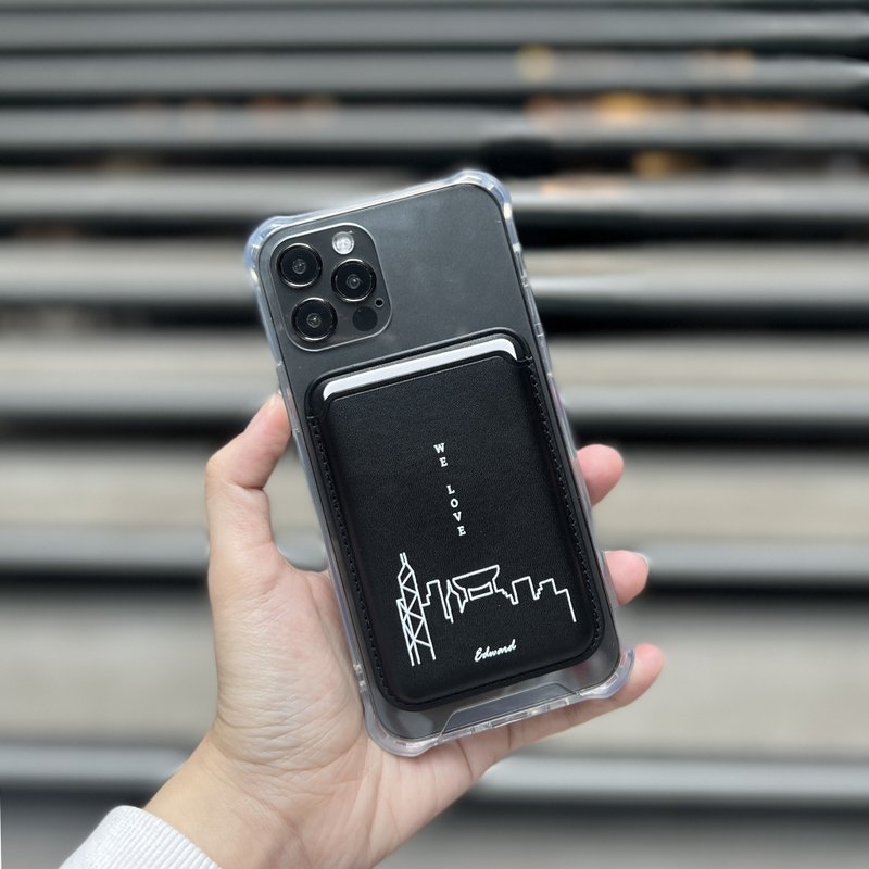 【客製化】【香港夜景(自訂名字)】iPhone吸磁卡套(附送手機殼) - 手機殼/手機套 - 人造皮革 咖啡色