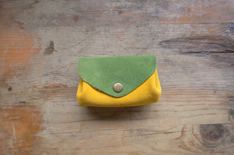 三層扇形零錢包/悠遊卡包-綠黃橘 - 散紙包 - 真皮 綠色