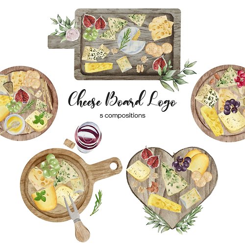 Art and Funny Watercolor Cheese Board Logo. Premade Cheese Plate Logo with Cheese composition