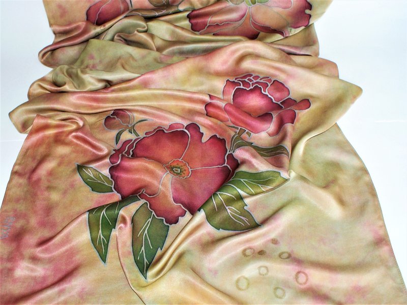 Hand-painted silk scarf Floral long silk scarf Silk satin scarves Peony shawl - 絲巾 - 絲．絹 多色