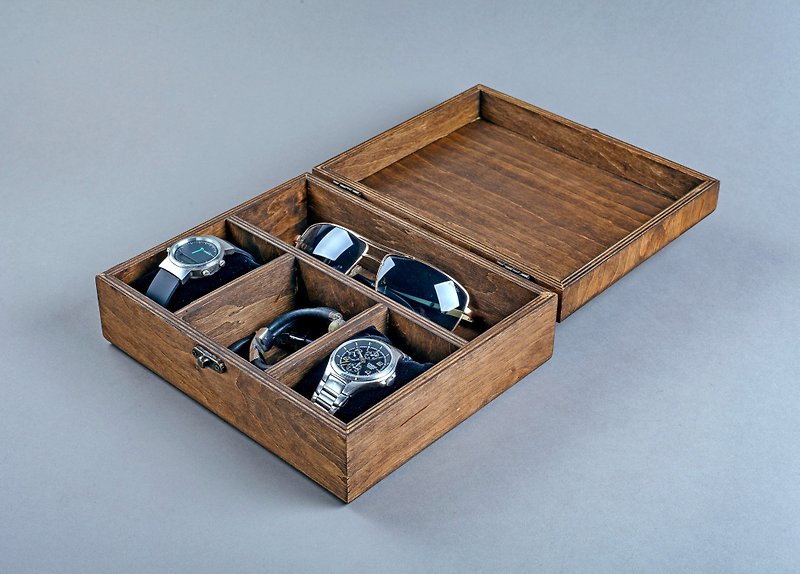 Personalized Watch and Glasses Box - Engraved Mens Womens Wooden Jewelry Box - Men's & Unisex Watches - Wood 