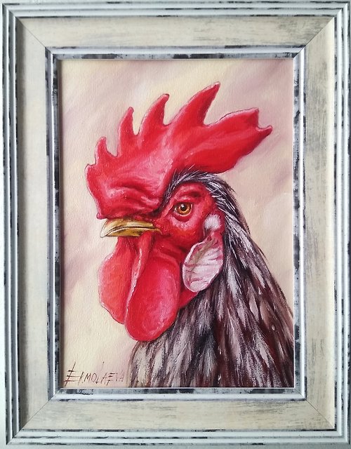 OlesyaArt 公雞油畫公雞藝術鳥肖像