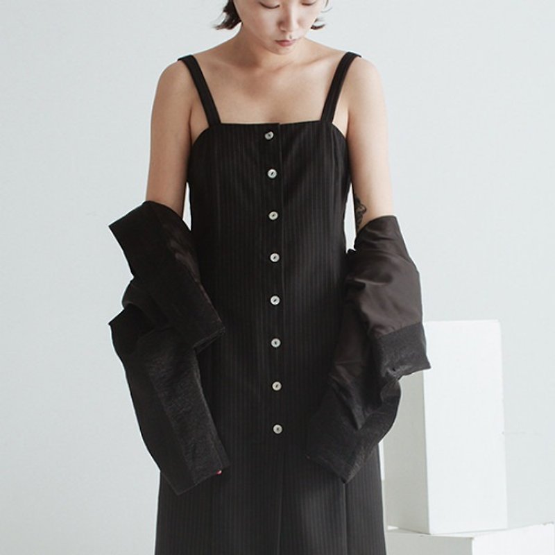 ファンタタ独立したデザインの女性のブランド|レディ危険な黒い縦のストライプ内に100％ウールのスーツシステム全体をドレスドレススリムロングを取ります - ワンピース - ウール ブラック