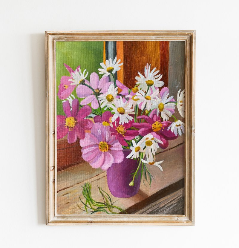 Wildflowers Original Art Flower Oil Painting Canvas Small Painting - Wall Décor - Cotton & Hemp 