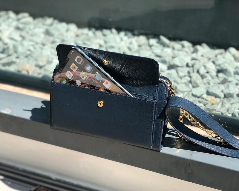 Tosca | Cross Leather SET Leather Phone Crossbody Bag (Leather/Cross Pattern/Gold Chain Bag) - กระเป๋าแมสเซนเจอร์ - หนังแท้ สีน้ำเงิน