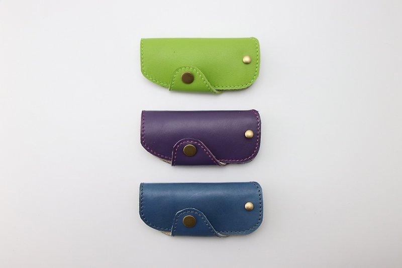 皮革鑰匙包(藍/紫/綠)/可刻字 - 鑰匙圈/鑰匙包 - 真皮 藍色