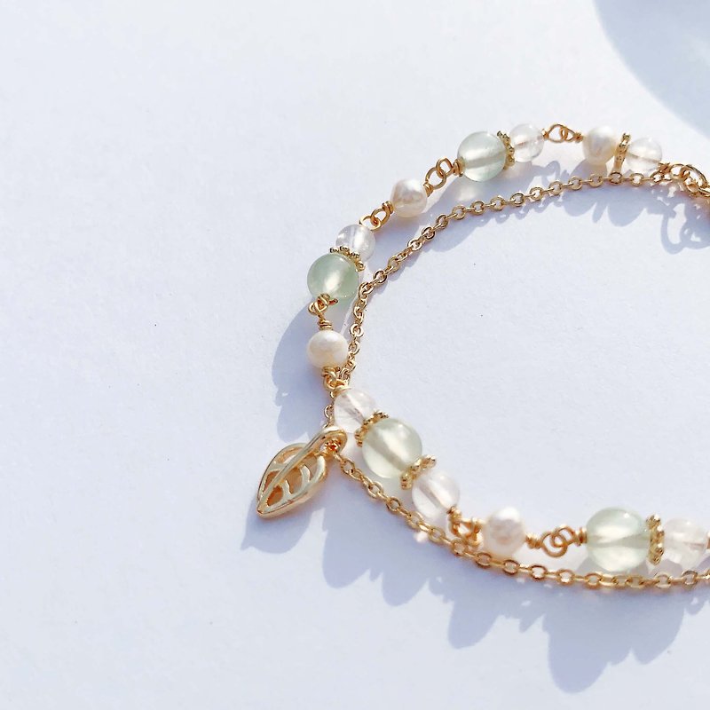 葡萄石 月光石 淡水珍珠 14K包金 手工繞線 天然水晶雙層手鍊