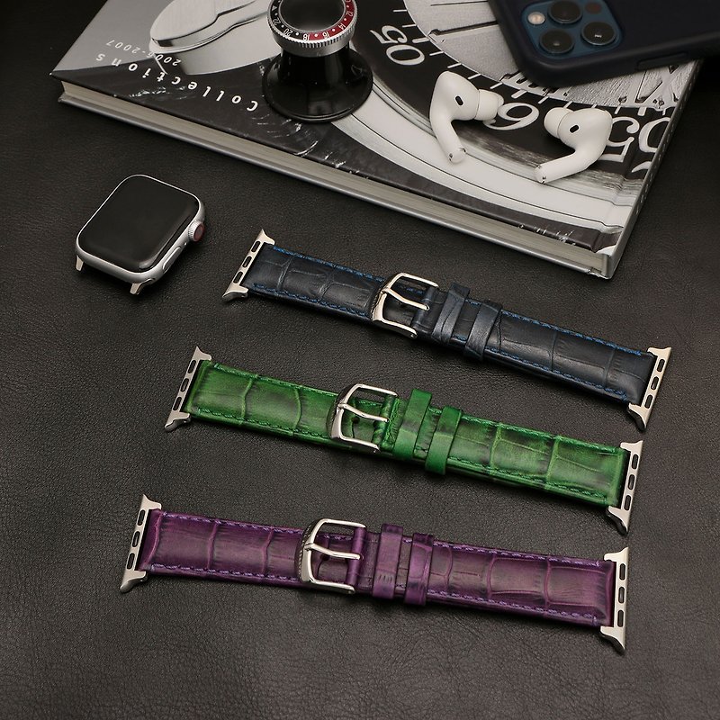 【APPLE WATCH compatible】Cool color alligator-embossed calf leather strap