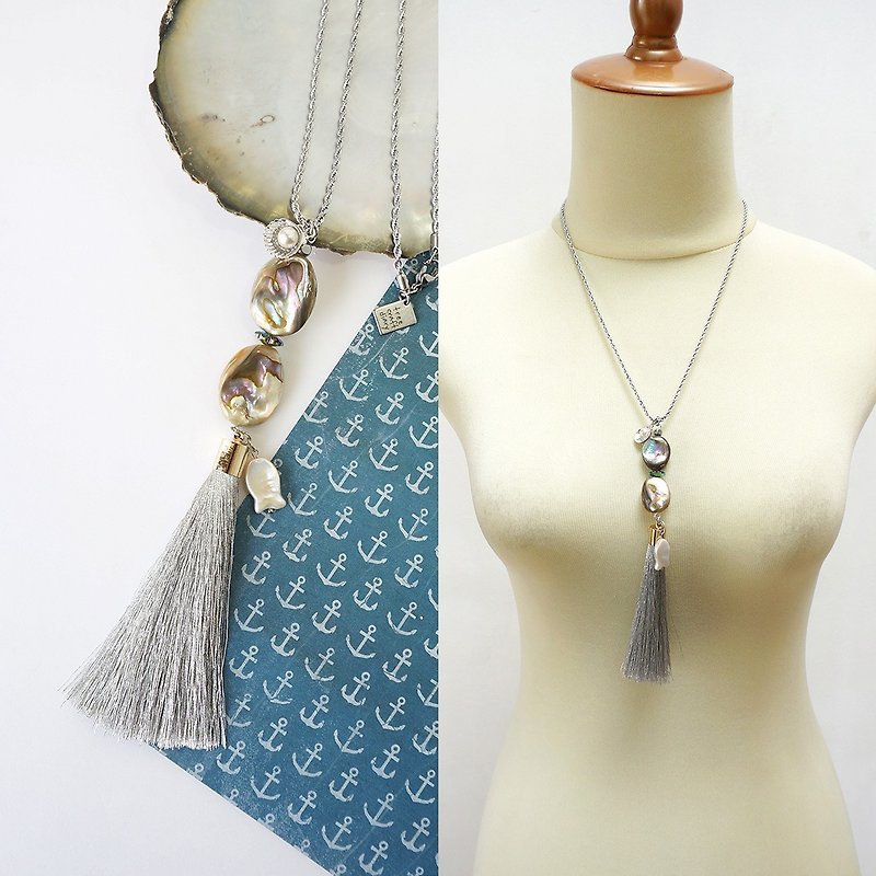 Abalone Shell Long Necklace with Long Tassel and Fish Pearl Shell - สร้อยคอยาว - เปลือกหอย สีเงิน