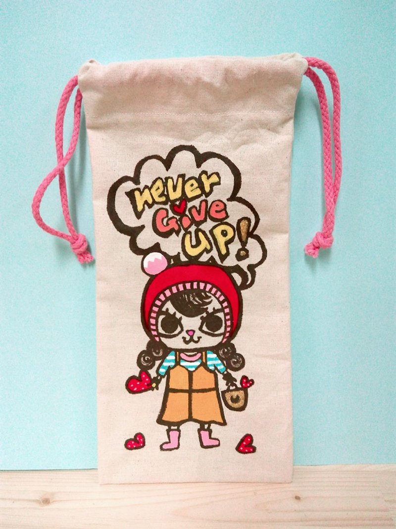 Hand-painted hand-made Never give up Wen Qingmeimei cat multi-purpose storage rope bag - Toiletry Bags & Pouches - Cotton & Hemp White