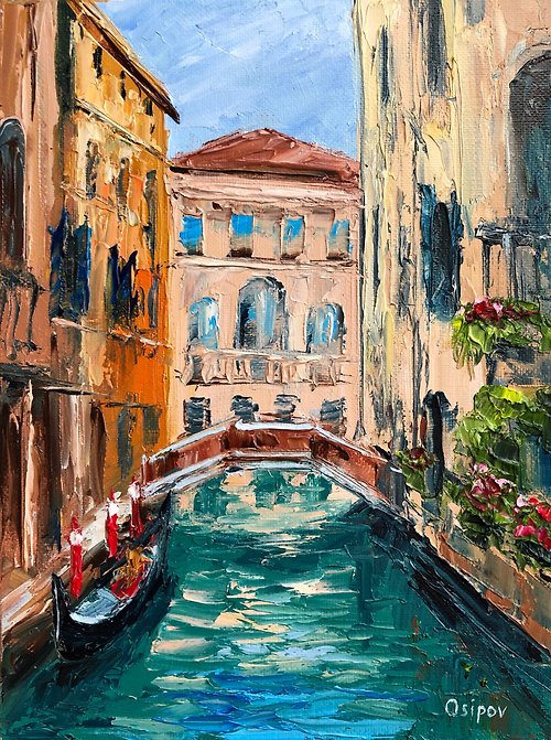 キャンバスにオリジナルのイタリアの油絵街並みヴェネツィア風景 