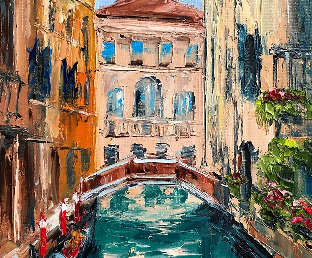 キャンバスにオリジナルのイタリアの油絵街並みヴェネツィア風景 