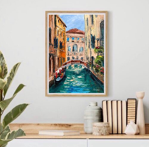 キャンバスにオリジナルのイタリアの油絵街並みヴェネツィア風景