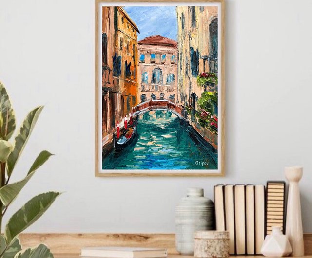 キャンバスにオリジナルのイタリアの油絵街並みヴェネツィア風景