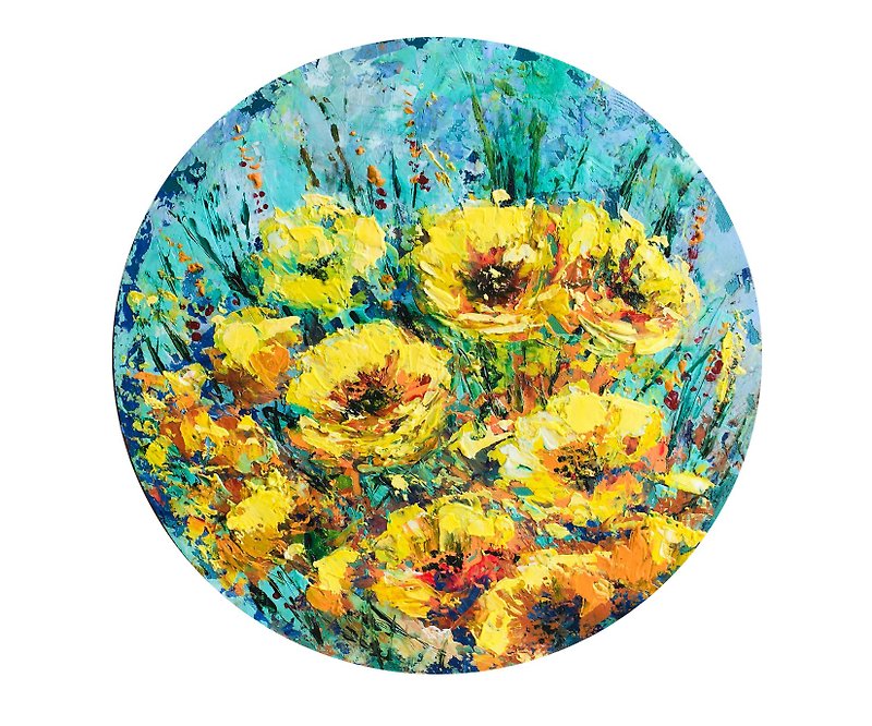 Yellow Flowers Painting Original On Canvas Small Gift Blue Art Decor Round
