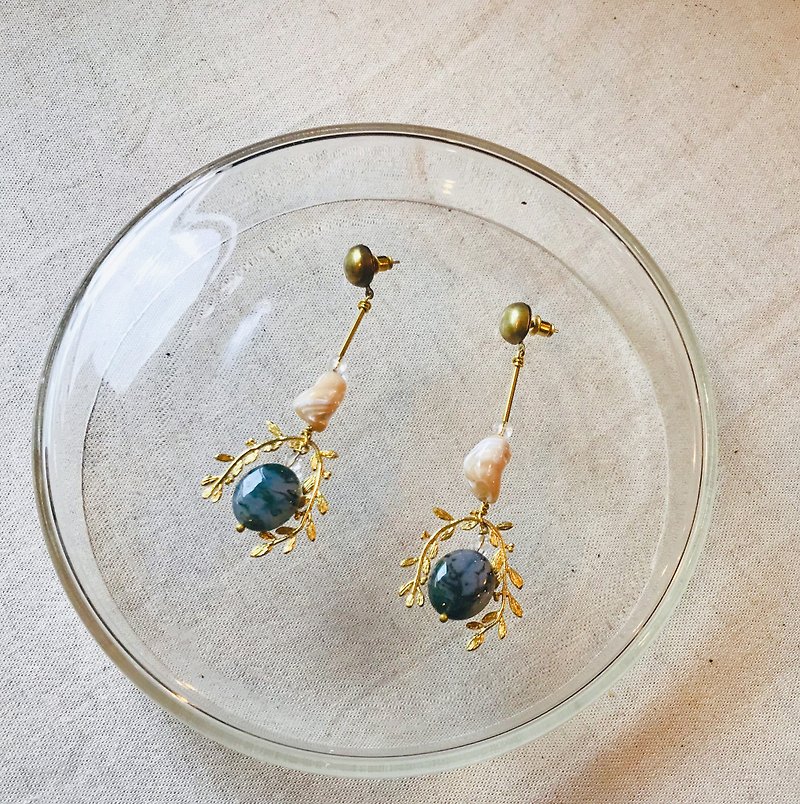 • Spring Rain • Shell Green Algae Agate Brass Earrings - Earrings & Clip-ons - Copper & Brass Green