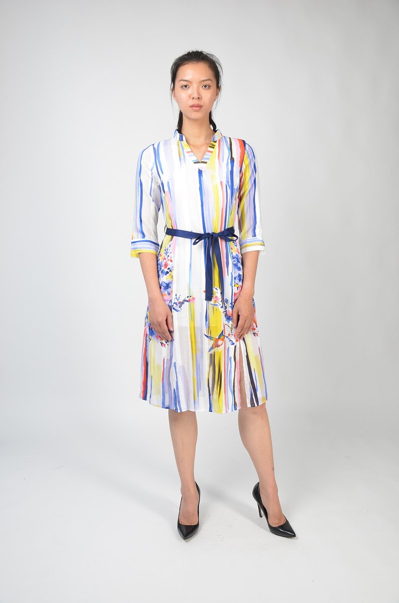 Tipped cotton printed long-sleeved dress - ชุดเดรส - วัสดุอื่นๆ 