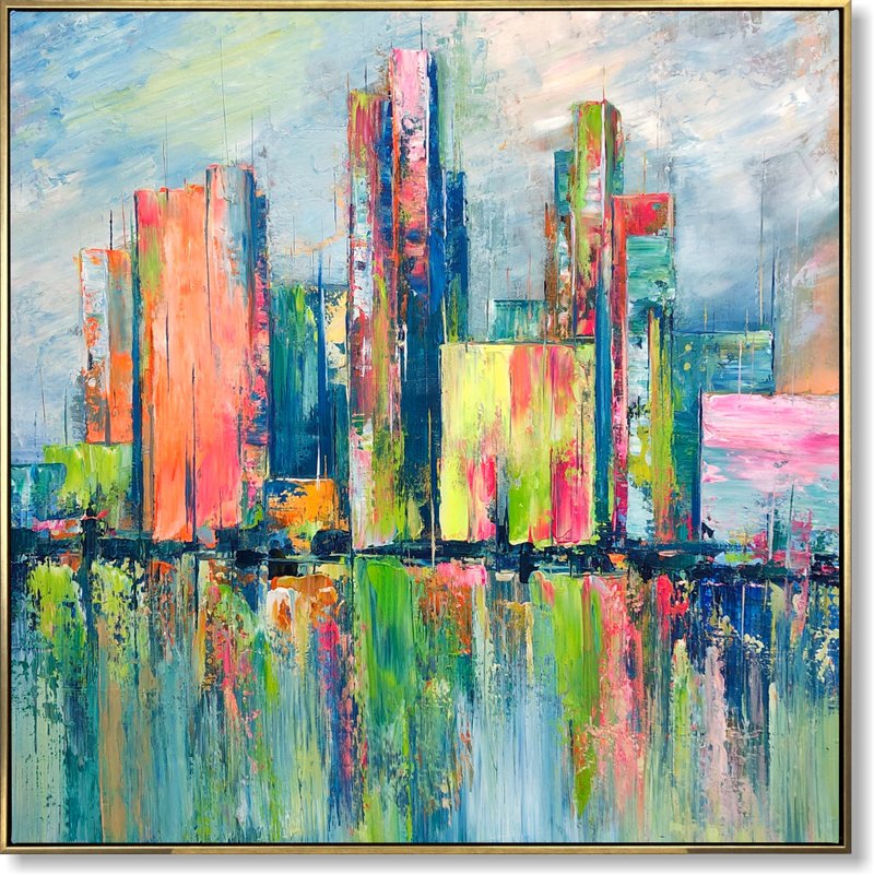 Colorful Cityscape Painting Abstract Skyline Wall Art Modern Urban Artwork - 壁貼/牆壁裝飾 - 壓克力 多色