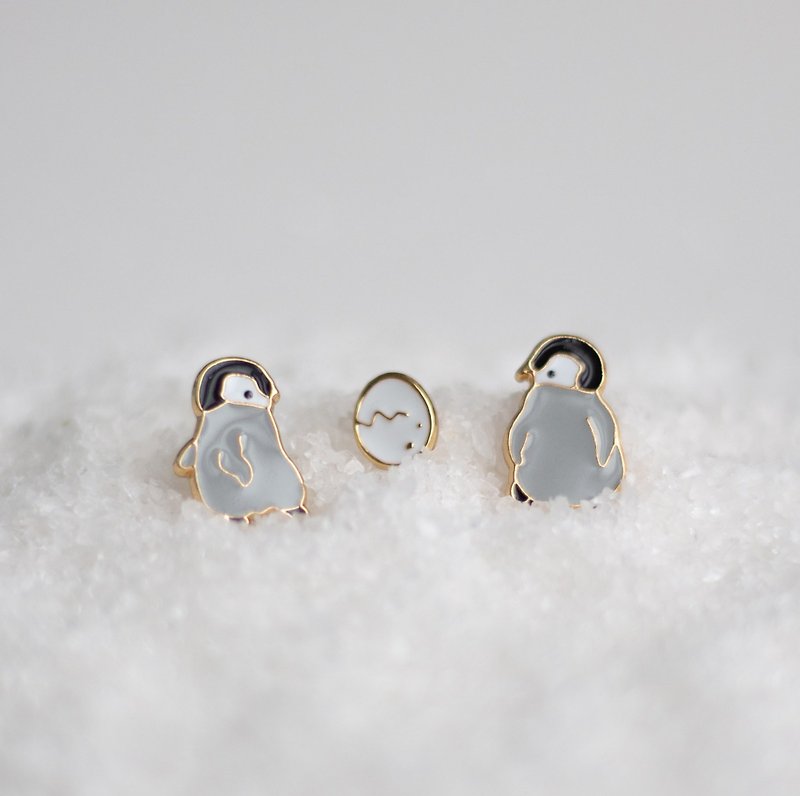 琺瑯 耳環/耳夾 灰色 - 跳舞企鵝 企鵝蛋 夾式耳環 生日禮物 海洋飾品