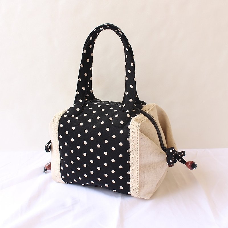 Polka-dope stitching lace-shaped handbag - Handbags & Totes - Cotton & Hemp Black