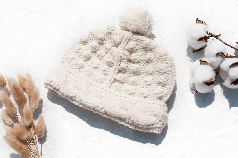 手編みのピュアウールの帽子/ニットウールの帽子/内毛 - 帽子 - ウール ホワイト