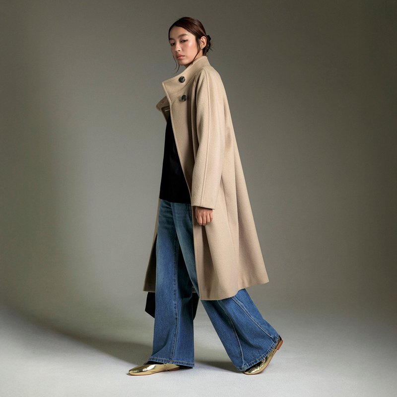 留白立領斜襟羊毛混紡長版大衣 - 女裝外套/大衣 - 其他材質 卡其色