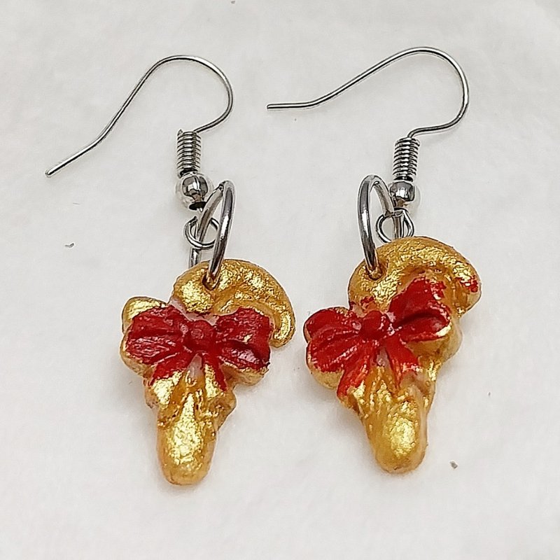 Golden Crane Christmas Earring Handmade Air Dry Clay Eco Friendly Stainless Hook - 耳環/耳夾/耳骨夾 - 黏土 金色