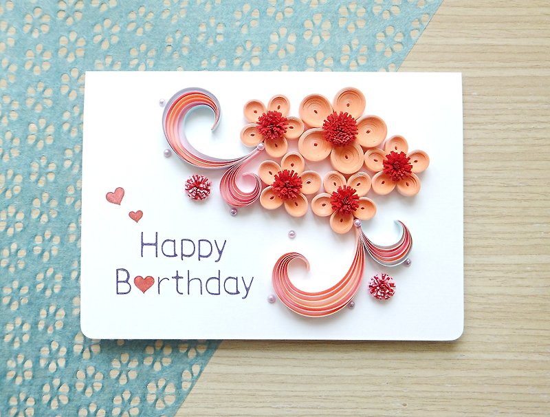 手作りのロール紙カード-花の祝福お誕生日おめでとうバースデーカードオレンジピンクの祝福カード - カード・はがき - 紙 ピンク